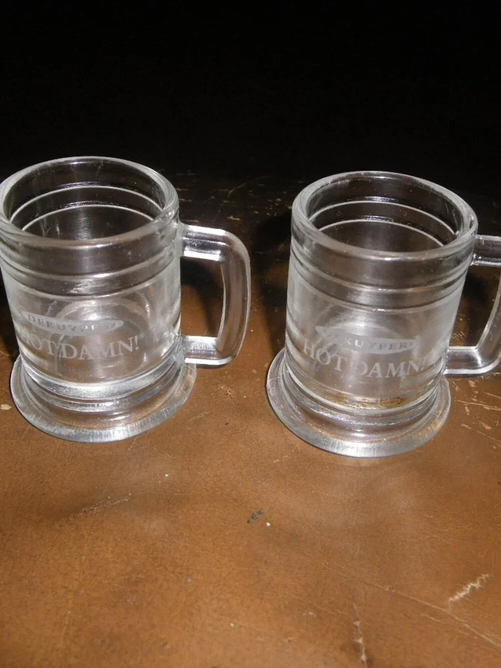 2 Vintage Miniature Beer Shot Glasses Dekuper HOT DAMN!